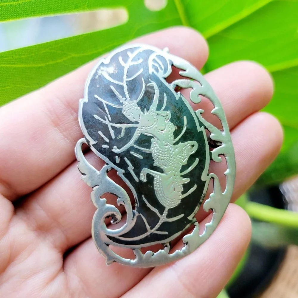 Vintage Old Siam Silver Ornate Lapel Brooch Pin - Picture 4 of 8
